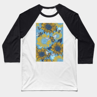 Sunflowers and Busy Bees Linoprint pattern Baseball T-Shirt